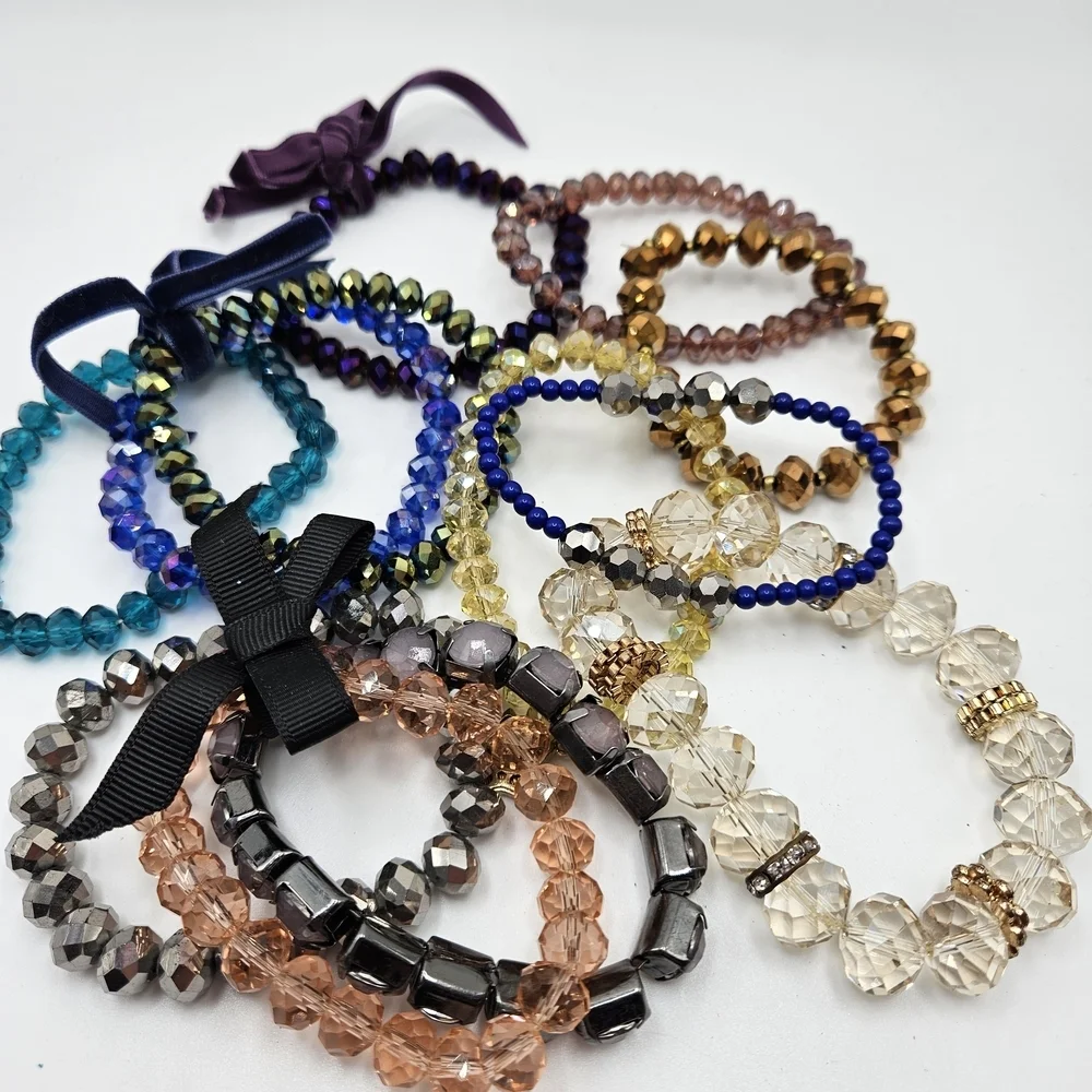 NEW VINTAGE Mixed Color Faceted Glass Beaded Stretch Bracelet Lot of 12